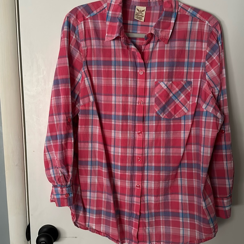 Faded Glory long sleeve pink and blue button up shirt